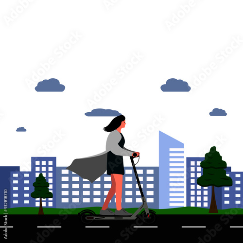 Vector illustration - woman on skateboard. Park, forest, trees and hills in winter. World car free day. the use of the skateboard as a means of transportation.