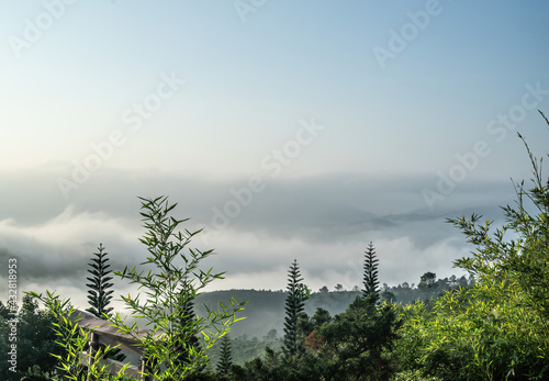 Beautiful view of local valley and mountain in misty near "Linh Quy Phap An" pagoda, Bao Loc town, Lam Dong Province, Vietnam.