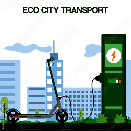 cars in the city. Vector illustration - ecological transport on electric skateboard. Park, forest, trees and hills in winter. World car free day. the use of the skateboard as a means of transportation