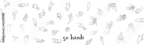 50 different hands on a white background. Gestures, waving hands, shaking hands, fingers, signs.