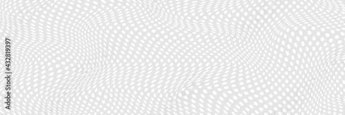 Simple wavy background. Vector illustration of polka dots pattern with optical illusion, op art. Long horizontal banner.
