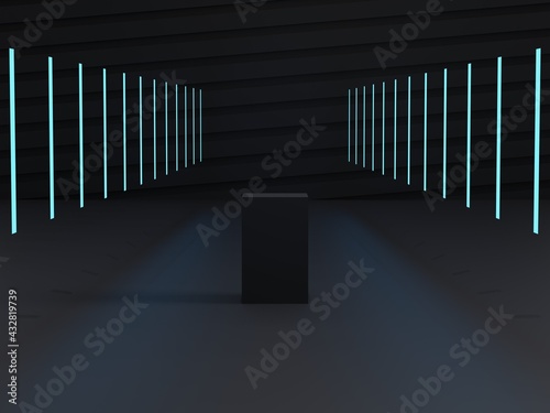 Fototapeta Naklejka Na Ścianę i Meble -  3D background black,grey rendering with small podium and light blue neon lights, abstract background 3d rendering abstract shape.