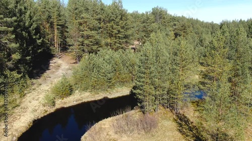 Forest river in the summer taiga from a height of flight