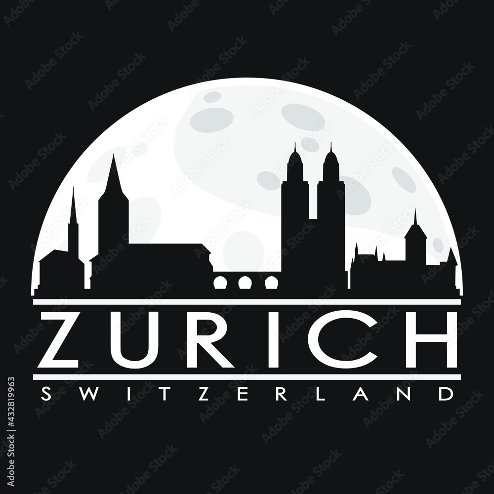 Zurich Full Moon Night Skyline Silhouette Design City Vector Art Illustration Background.