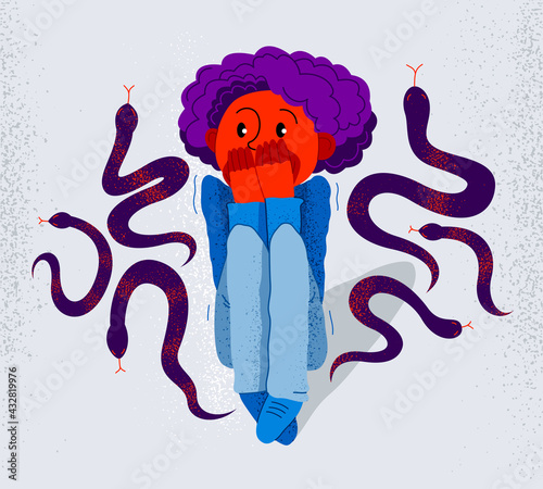 Herpetophobia fear of reptiles snakes and lizards vector illustration, boy surrounded by imaginary reptiles in panic attack and fear, mental health concept.