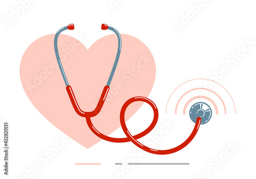 Stethoscope with heart vector simple icon isolated over white background, cardiology theme illustration or logo.