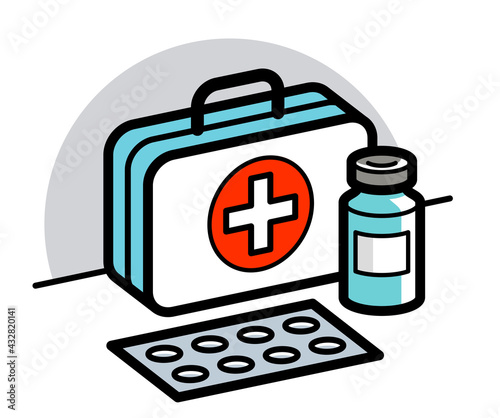 Medicine first aid medical kit theme pills and bottles 3d vector illustration isolated, medicaments and drugs, health care meds cartoon, vitamins or antibiotics, simple linear design.