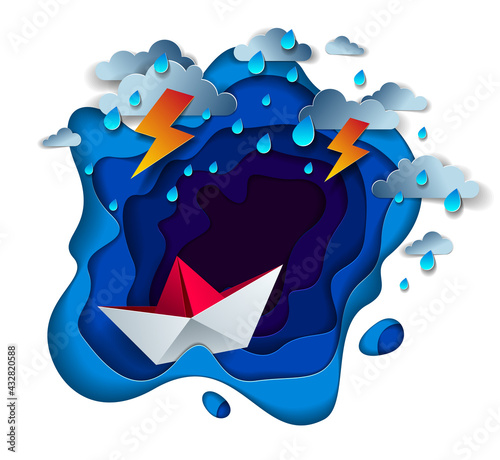 Origami paper ship toy swimming in thunderstorm with lightning, dramatic vector illustration of stormy rainy weather over ocean with toy boat struggles to survive.