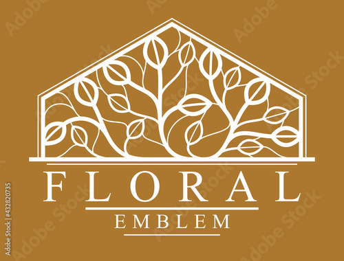 Vector floral emblem on dark background, leaves and branches linear logo, luxury classic style elegant badge, boutique or hotel logotype.