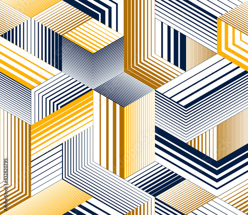 3D cubes seamless pattern vector background, lined dimensional blocks, architecture and construction, geometric design.