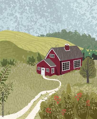 Nature landscape with a house in the Scandinavian style