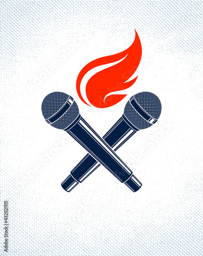 Two microphones crossed on fire, hot mic in flames, rap battle rhymes music, karaoke singing, vector logo or illustration, concert festival or night club label, t-shirt print.