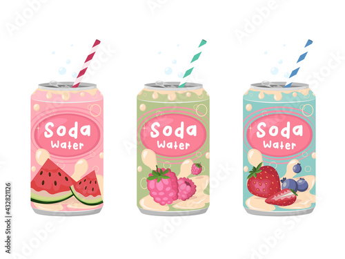 Various tasty Soda beverages set. Drinks in aluminum Cans. Carbonated water with different fruit flavors. Kawaii asian style. Trendy illustration.