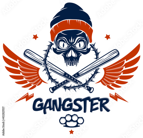 Gang brutal criminal emblem or logo with aggressive skull baseball bats and other weapons and design elements, vector anarchy crime terror retro style, ghetto revolutionary.