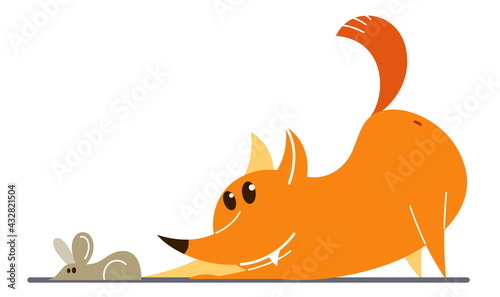 Funny cartoon fox hunting and catching mouse flat vector illustration isolated on white, wildlife animal humorous drawing.