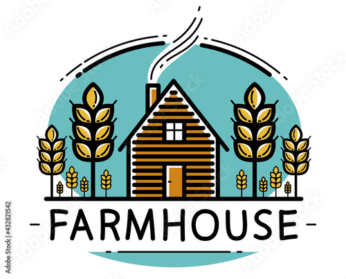 Farm house with spikes farming vector emblem or logo isolated on white background, woodhouse and wheat farm agriculture illustration, linear and colored version.