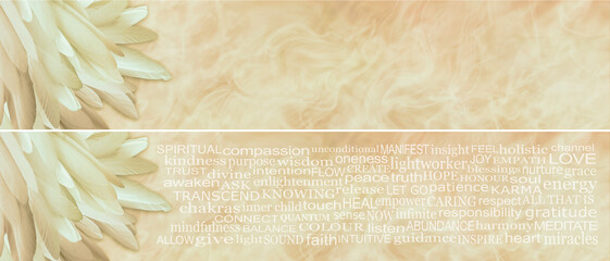 Angelic spiritual pale golden  feathers background -  wide wispy yellow gold background with a neat pile of long slim feathers in the left corner and a selection of holistic spiritual healing words
