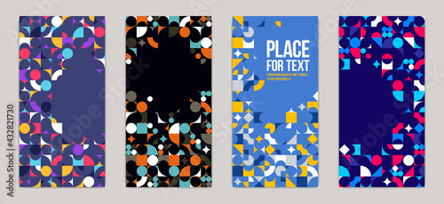Backgrounds and cover templates vector set, abstract geometric designs, bright color compositions with copy spaces for text, complex modern art layout.