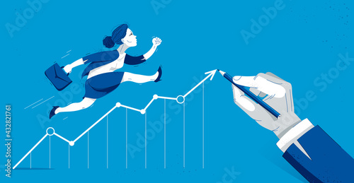 Business woman run and hurry on growth chart graph drawing by big hand of boss vector illustration, funny comic cute cartoon worker or employee motivated to financial success.