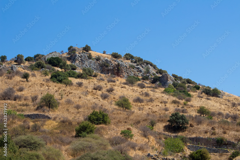 View of Aegean landscape and clear, blue sky in the background capture in Turkey.