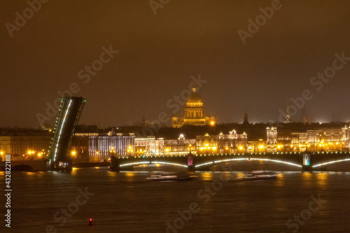 View of the embankment of the city of St. Petersburg at night with drawbridges © Contarez