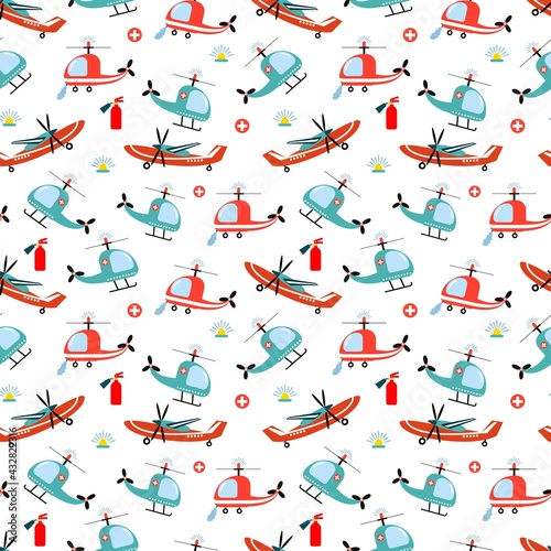 Seamless pattern with rescue helicopters and airplanes. Hand-drawn style. Design for fabrics, textiles, wallpaper, packaging, for decorating a children's room.	