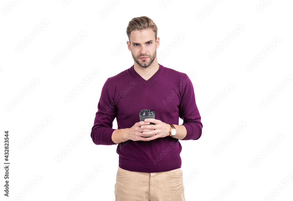Caucasian guy in casual style hold takeaway coffee cup isolated on white, morning Caucasian guy in casual style hold takeaway coffee cup isolated on white, morning