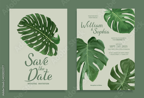 Wedding invitation card template. Floral design with tropical leaves of Monstera and Philodendron. Vector illustration in mint, green, blue tones