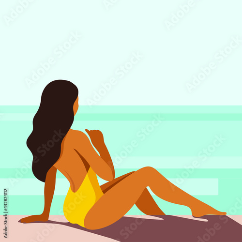 vector illustration on the theme of summer holidays. beautiful tanned girl in a yellow swimsuit sunbathes on the beach by the sea. can be used to advertise summer vacations, resorts, hotels, beaches.
