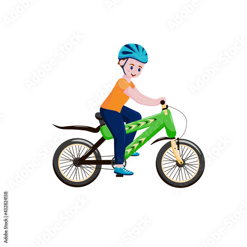 Little boy on a bicycle. A child riding a bicycle outdoors wearing a helmet. Baby posture riding bicycles in nature. cartoon vector illustration isolated on white background.