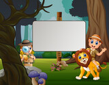 The zookeepers boy and lion in the jungle