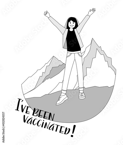 The covid vaccine is life-saving. The girl is glad that she was vaccinated and can travel. Hand drawn sketch style. Line Art. Hand drawn letters. Vector illustration on white.