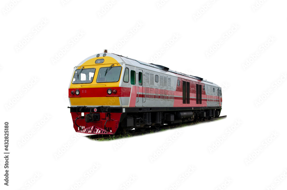 Perspective view of Passenger train hauled by the diesel electric locomotive isolated on white background with clipping path. Perspective view of Passenger train hauled by the diesel electric locomotive isolated on white background with clipping path.