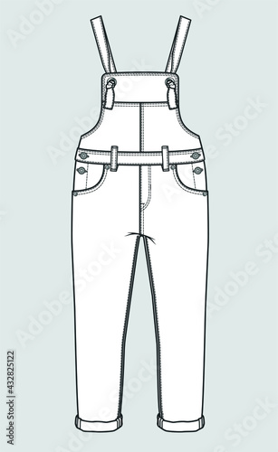 Gardener pants FLAT SKETCH. Work overalls vector. Overall Template. Jean overalls vector fashion flat sketch