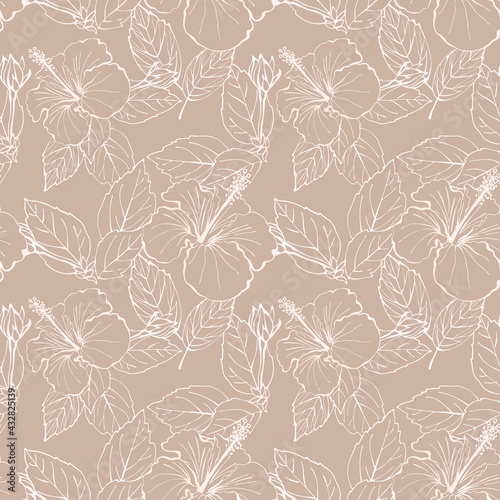Hibiscus flower seamless pattern. Hand drawn sketch style. Line art. Mallow Chinese Rose. Herbal tea. Hawaii. Tropical background for paper, textile, wrapping and wallpaper. © elenavic