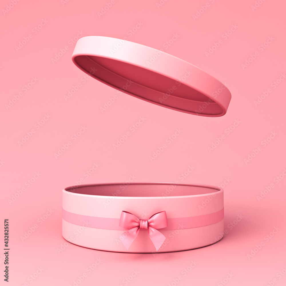 Blank open pink round gift box or cylinder present box with pink ribbon ...