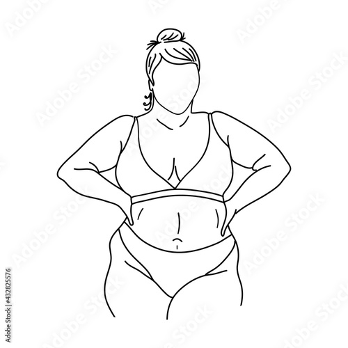 Fat woman in bikini or underwear. Obese girl outline sketch. Body positive, overweight, plus size concept. Vector illustration.