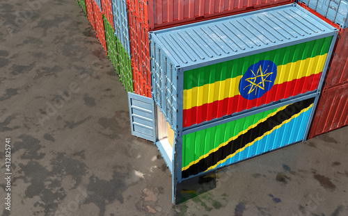 Freight containers with Tanzania and Ethiopia national flags. 3D Rendering 