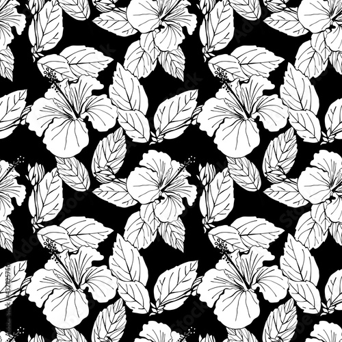 Hibiscus flower seamless pattern. Hand drawn sketch style. Line art. Mallow Chinese Rose. Herbal tea. Hawaii. Tropical background for paper, textile, wrapping and wallpaper.