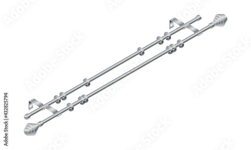 Vector illustration cornice for curtains isolated on white background. Realistic metal curtain rod  and accessories icon in flat cartoon style. New curtain pole with rings for interior design.