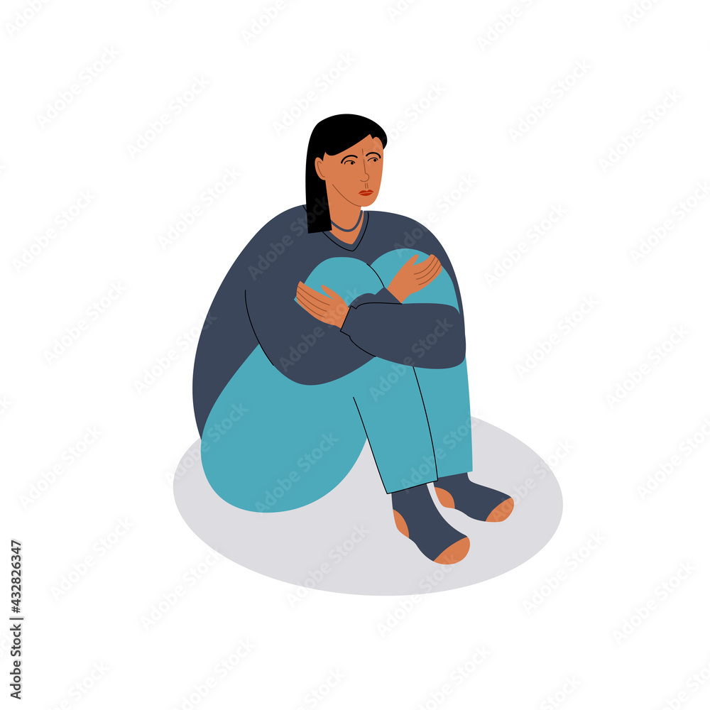 Young sad woman sitting on the floor and hugging herself. Vector flat illustration with an upset person on white background