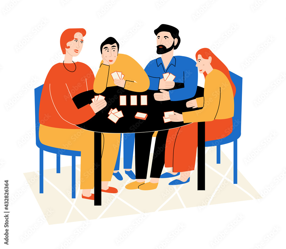 Family hobby. Home pastime. Mother, father, and kids playing a card game. Vector flat illustration on white background Family hobby. Home pastime. Mother, father, and kids playing a card game. Vector flat illustration on white background
