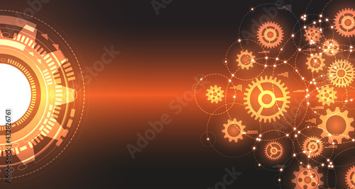 Engineered gear pattern with glowing halo, tech-style orange background. EP.7.
