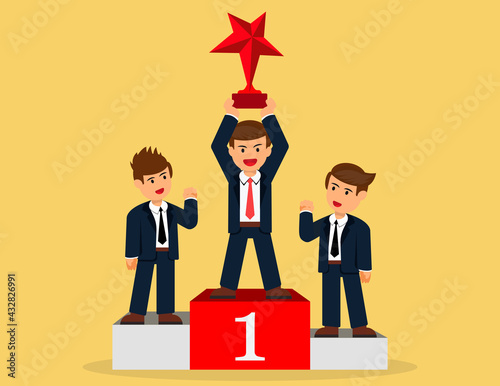 Businessmen proudly standing on competition winner platform.business competition and competitors concept