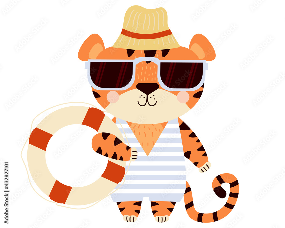 Cute tiger. beach guy Funny striped character on the beach in