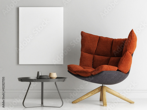 Fototapeta Naklejka Na Ścianę i Meble -  Mockup a poster, an armchair in minimal interior design, 3d render, 3d illustration.
