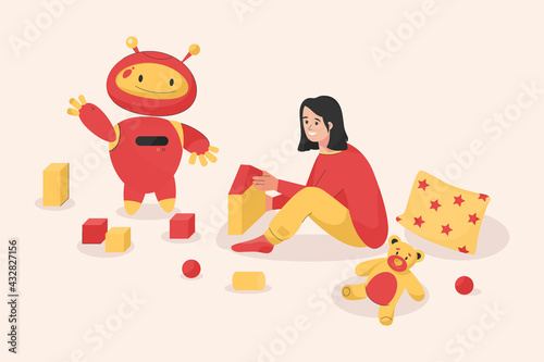 Happy girl plays with toy cubes and robotic nanny