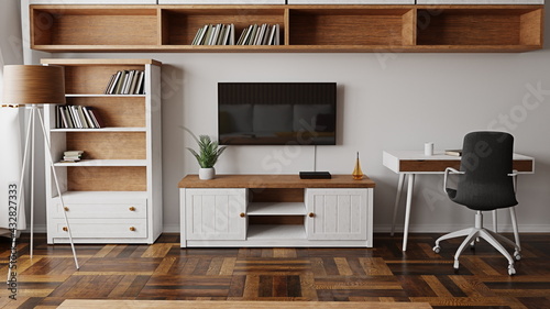 comfortable small room with white cabinets and wooden floor