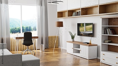 room with white and wood cabinets