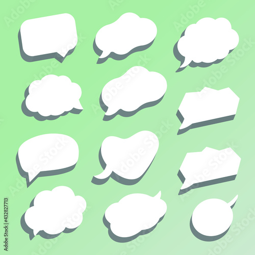 Vector bubble for dialogue, correspondence, chat, communication, comment. Collection of cute bright message box with shadow. Stylish cartoon dialogue blank isolated on white, hand-drawn, free hand. 